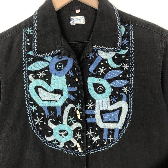 VTG VICKI Hand-Embroidered Mexican Jacket Sz 16 Black Pockets Toggle Folk L/S - Picture 4 of 13